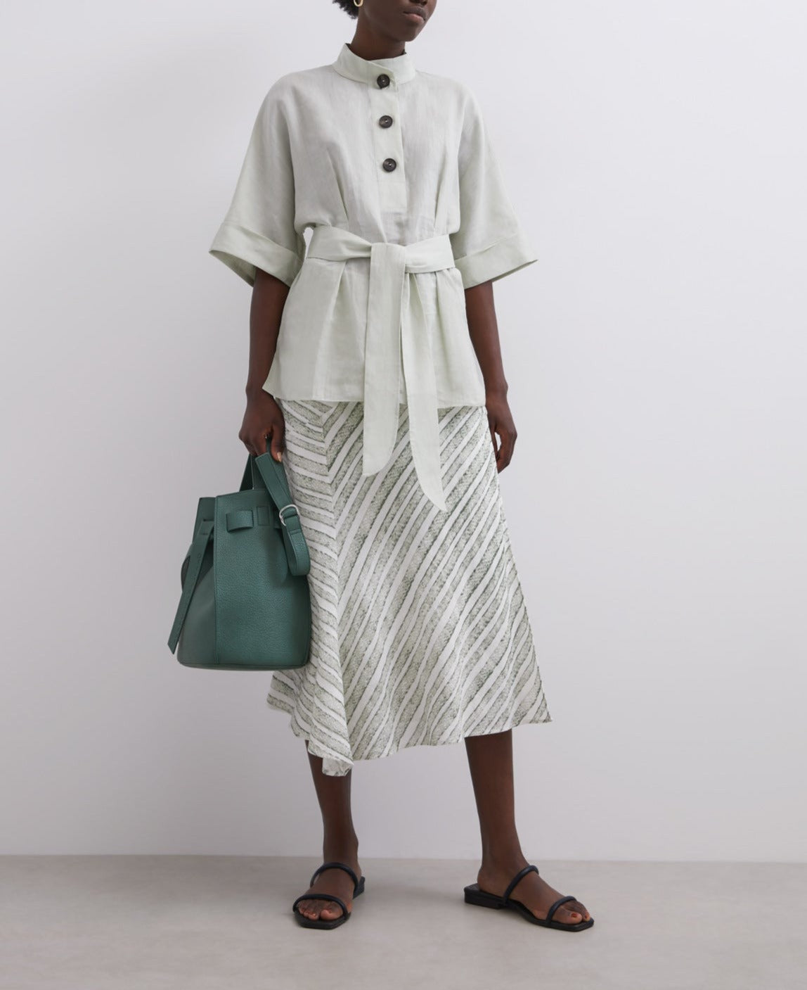 Green Stripe Linen And Cotton Striped Skirt
