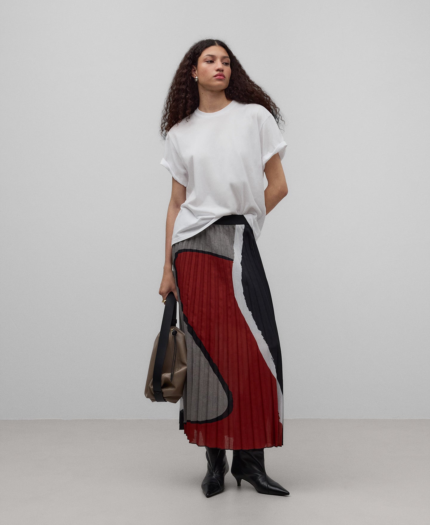 Red/Mono Print Pleated Skirt