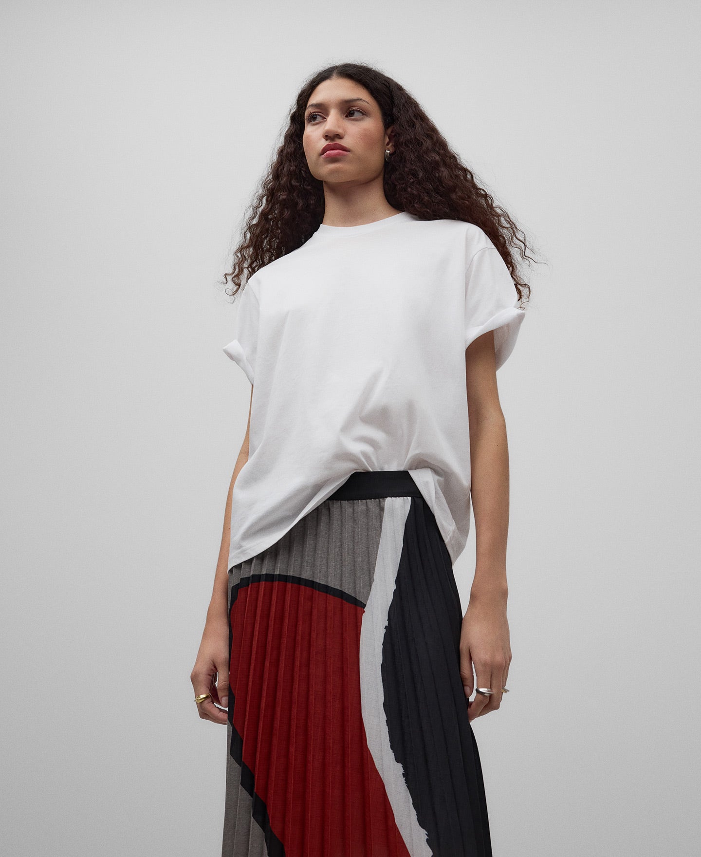 Red/Mono Print Pleated Skirt
