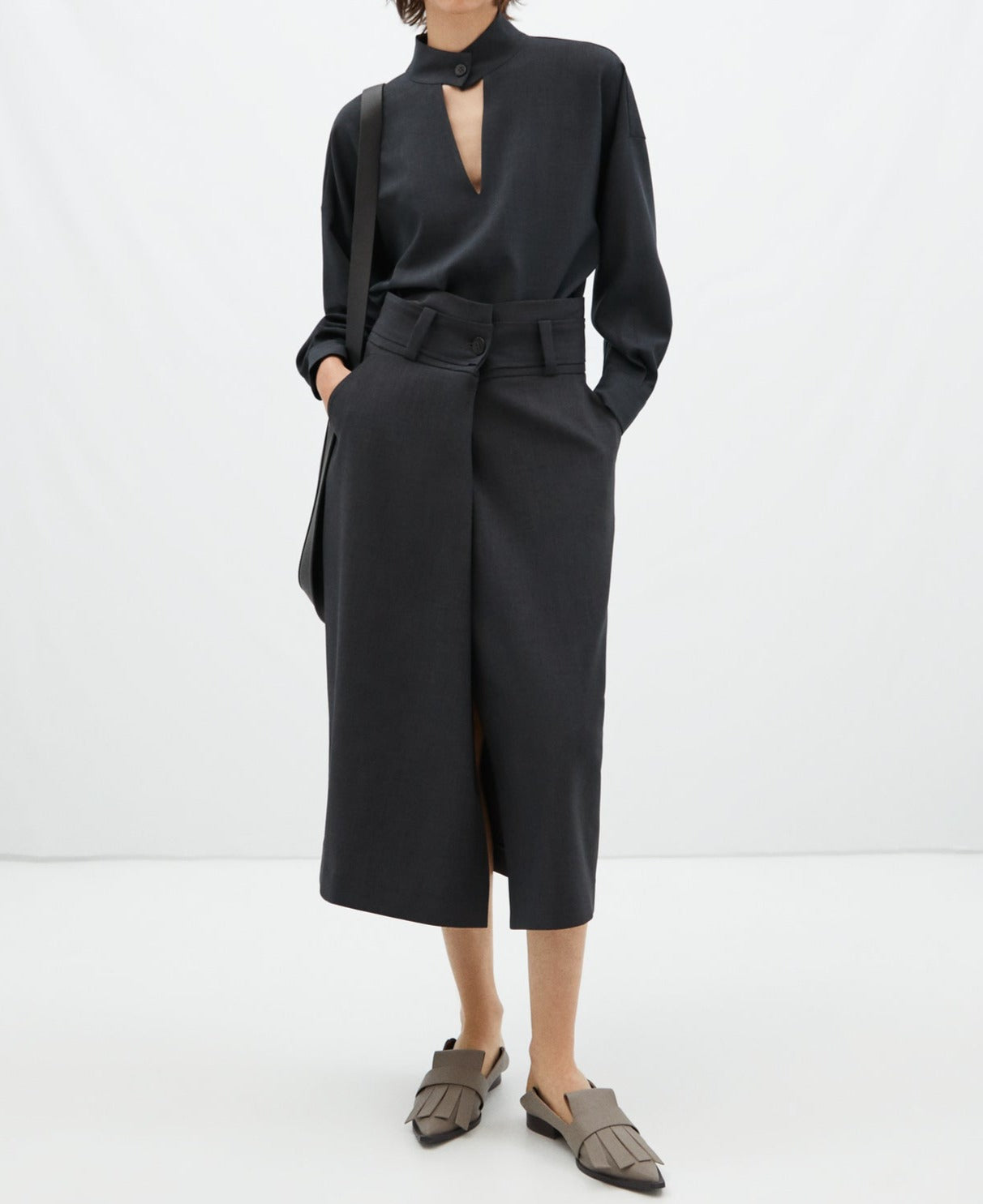 Grey Pleated Front Midi Skirt