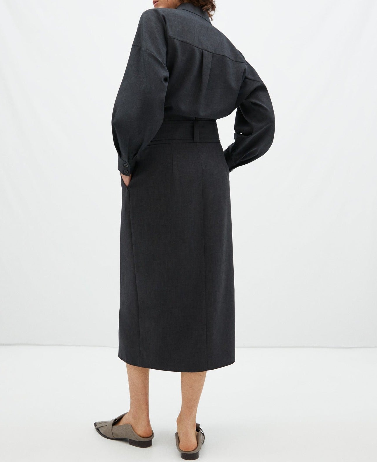 Grey Pleated Front Midi Skirt