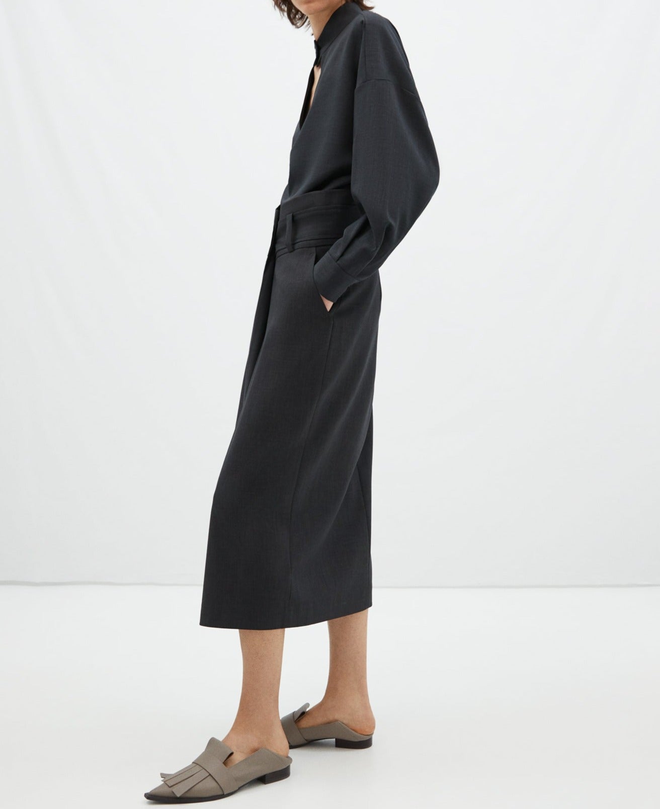 Grey Pleated Front Midi Skirt