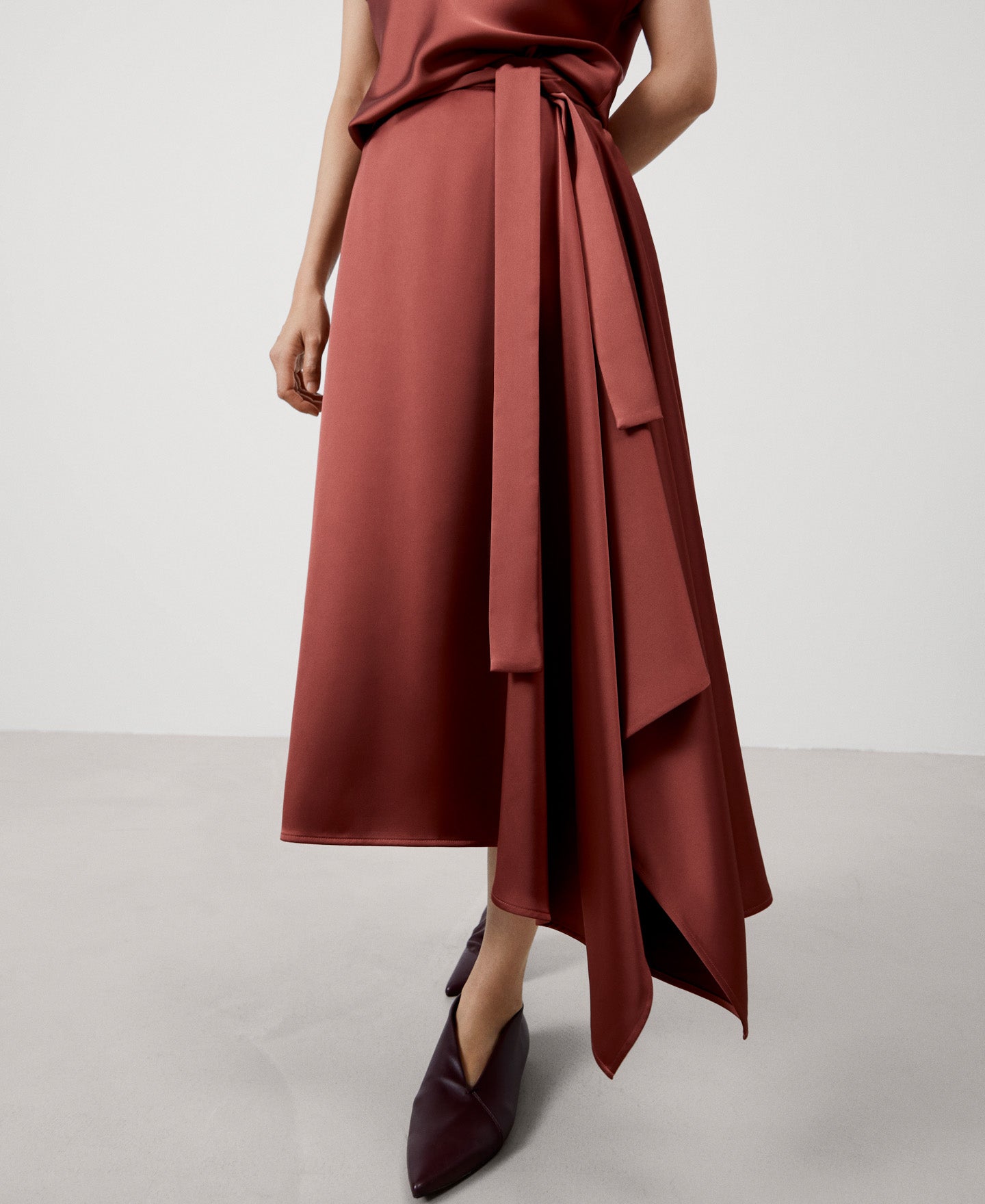 Brick Red Recycled Polyester Midi Skirt