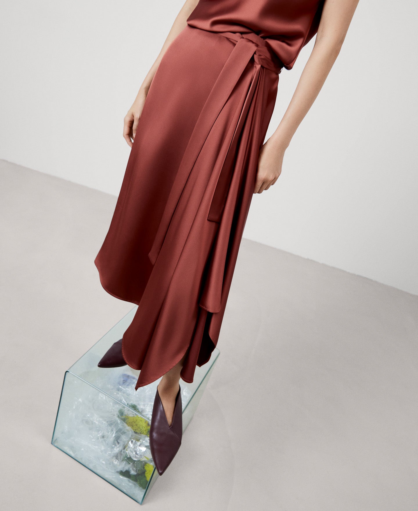 Brick Red Recycled Polyester Midi Skirt