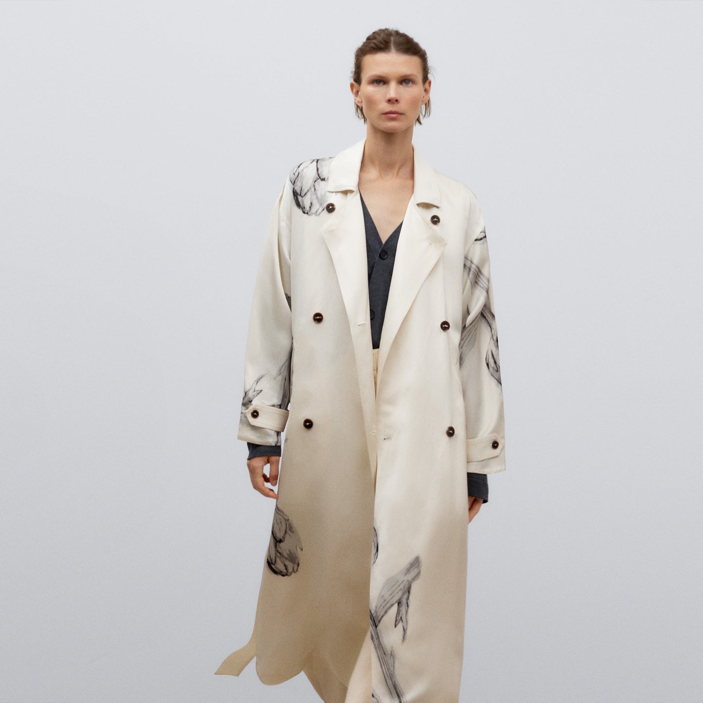 Flower Stamped Floral Printed Trench Coat