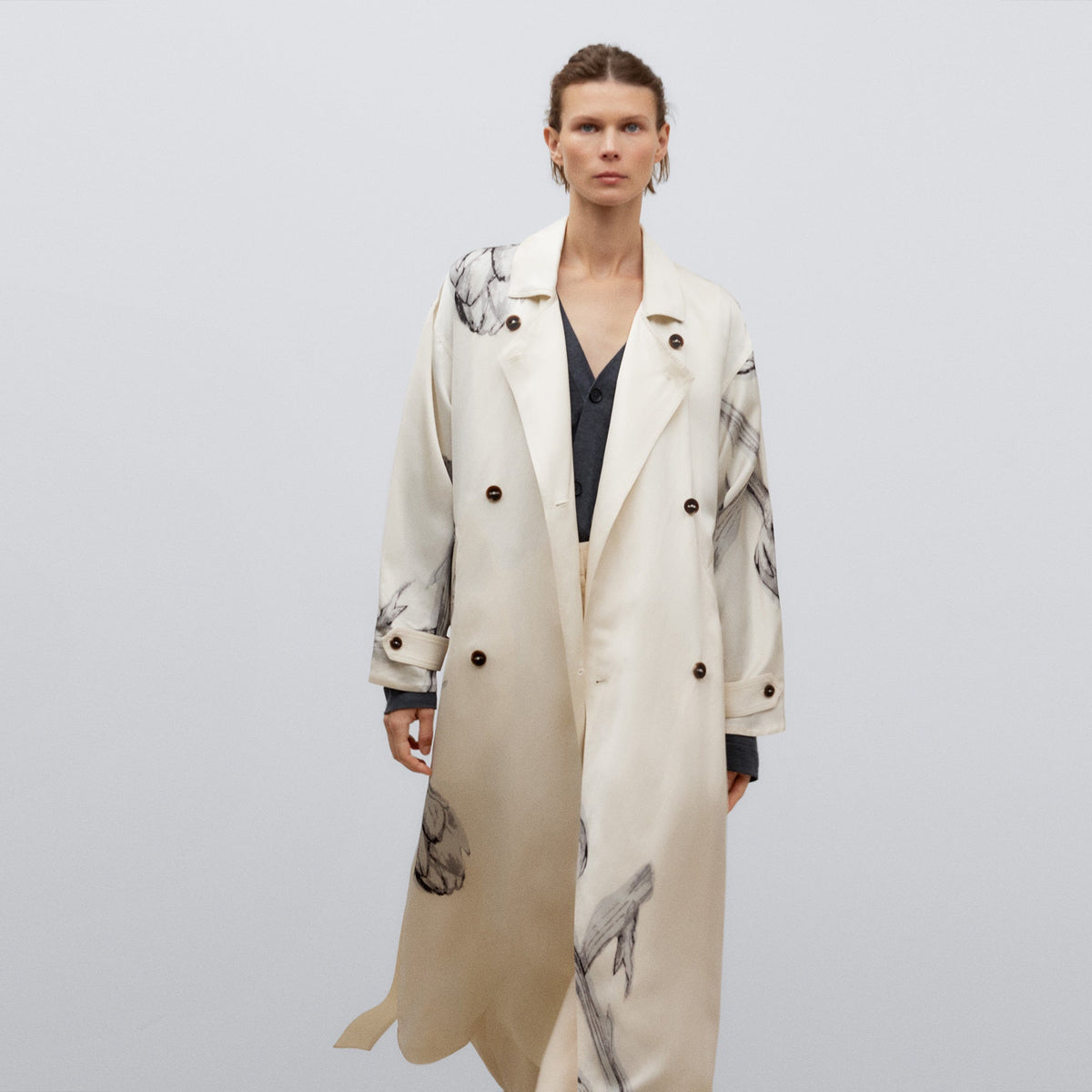 Flower Stamped Floral Printed Trench Coat