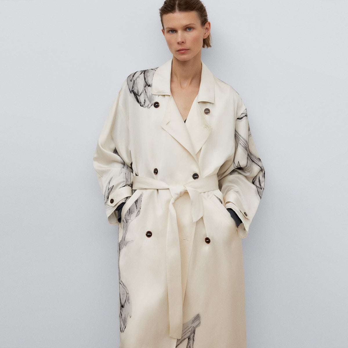 Flower Stamped Floral Printed Trench Coat
