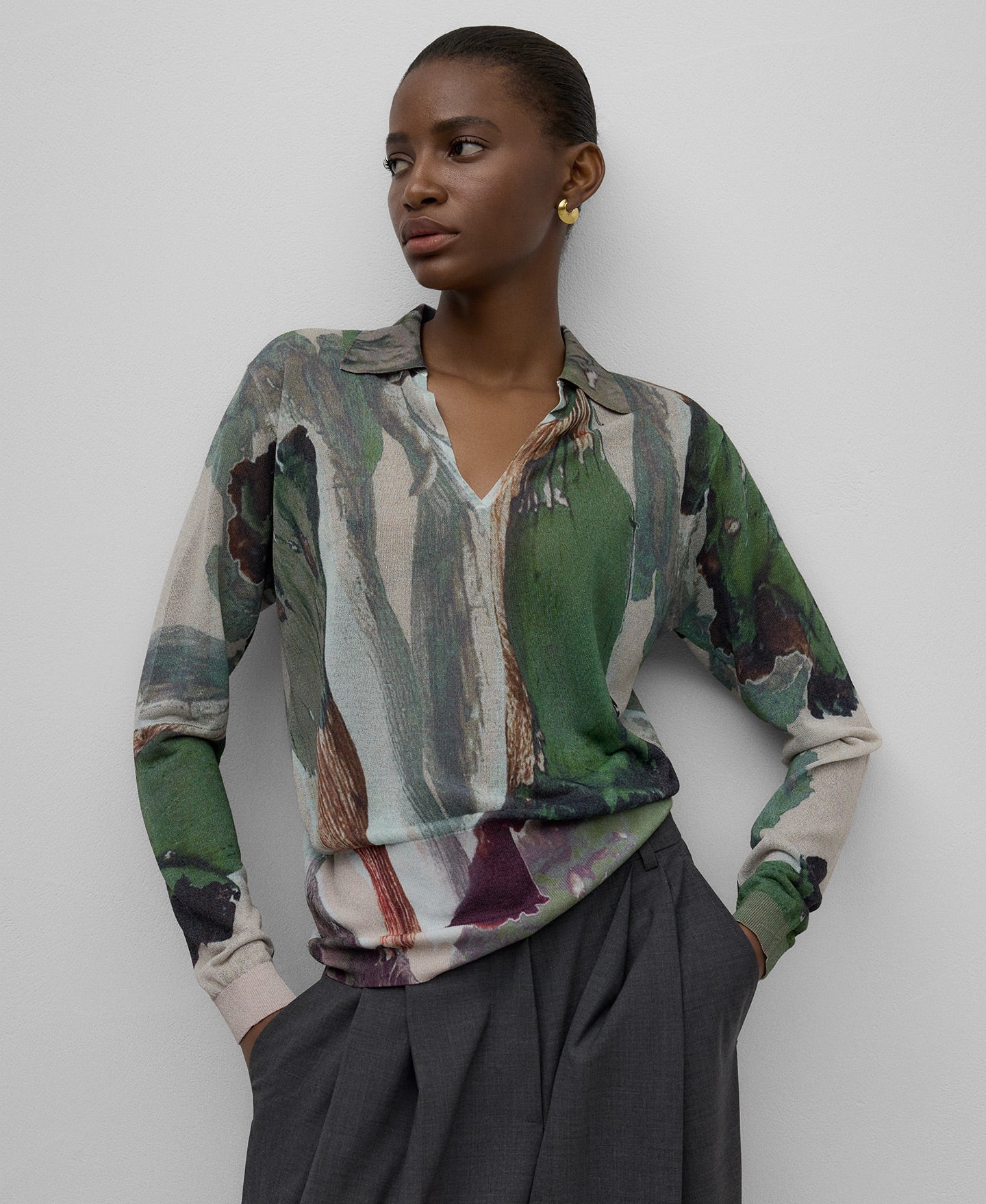 Printed knit sweater woman in green print