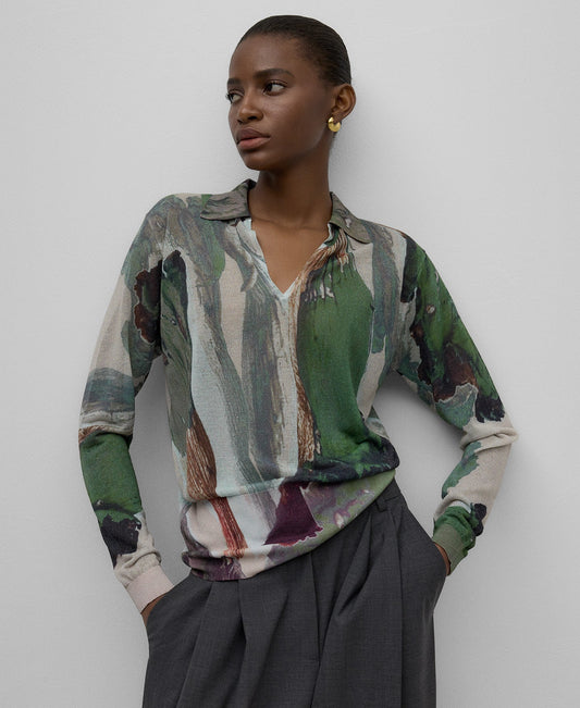 Printed knit sweater woman in green print