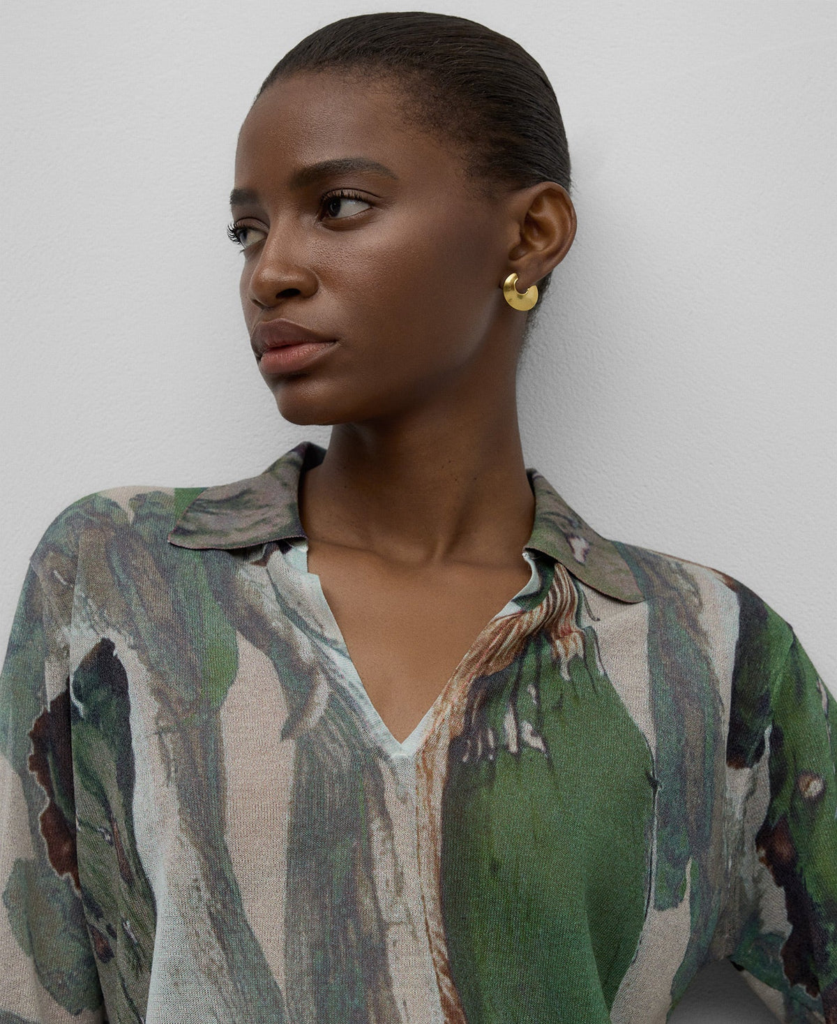Printed knit sweater woman in green print