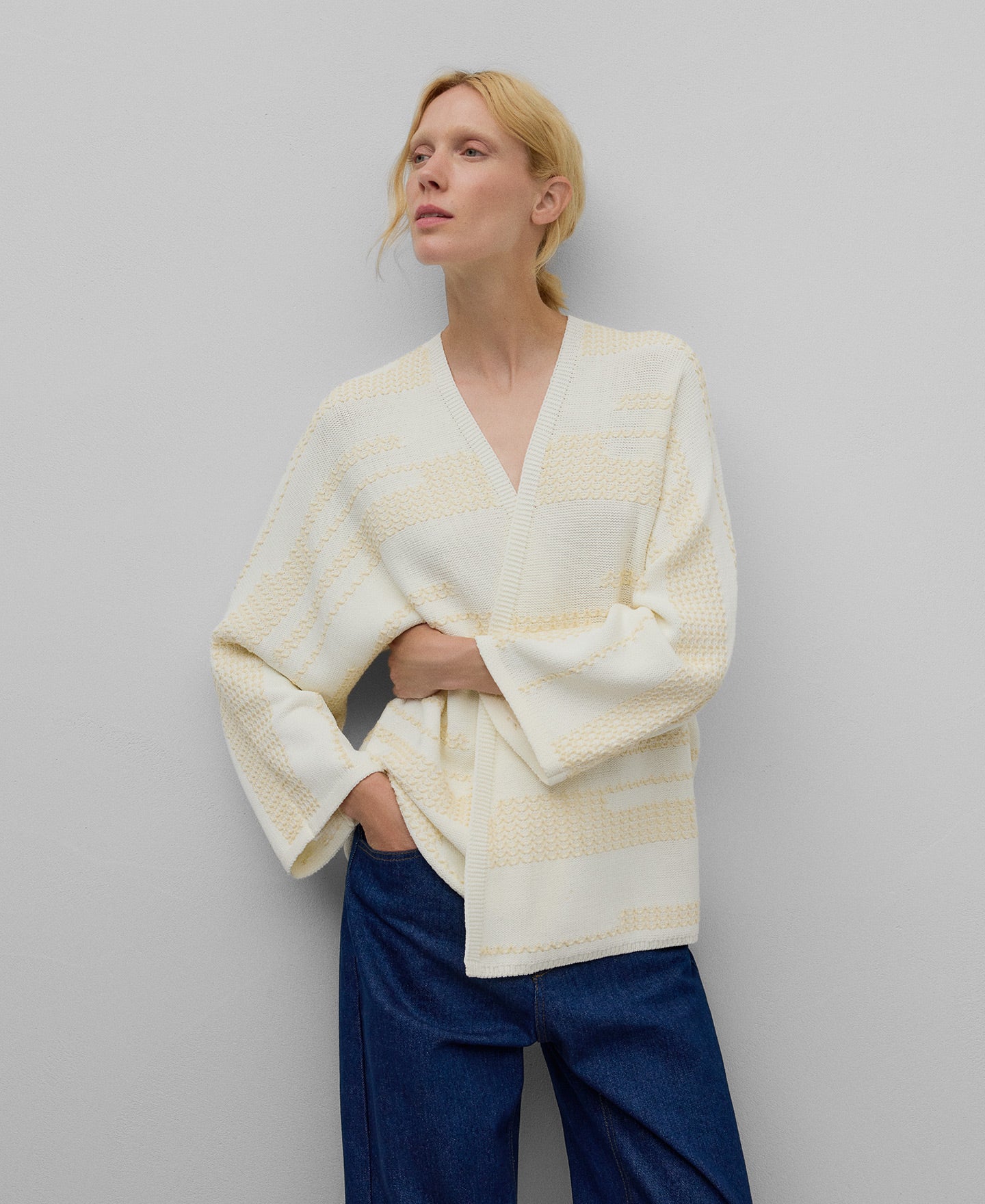 Ecru jacquard jacket woman in camel/ecru