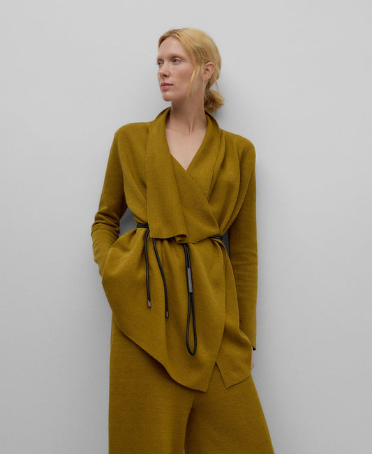 Knit asymmetrical jacket woman in olive green