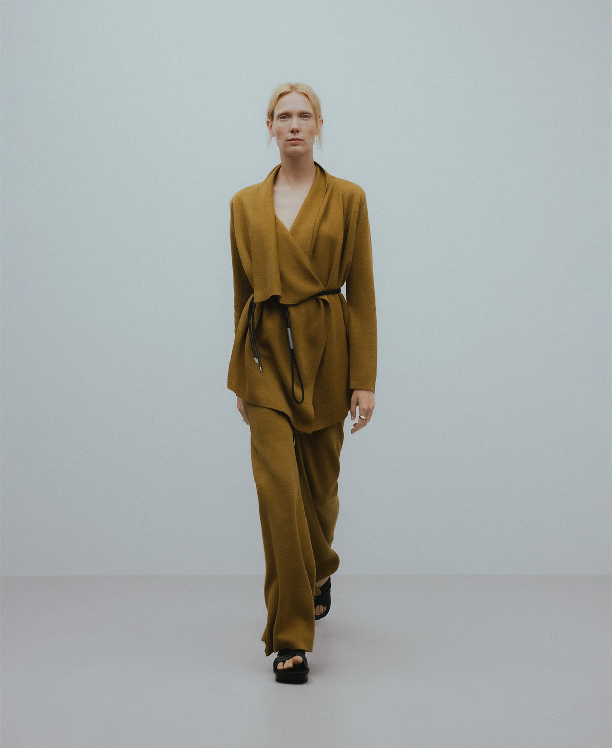 Knit asymmetrical jacket woman in olive green