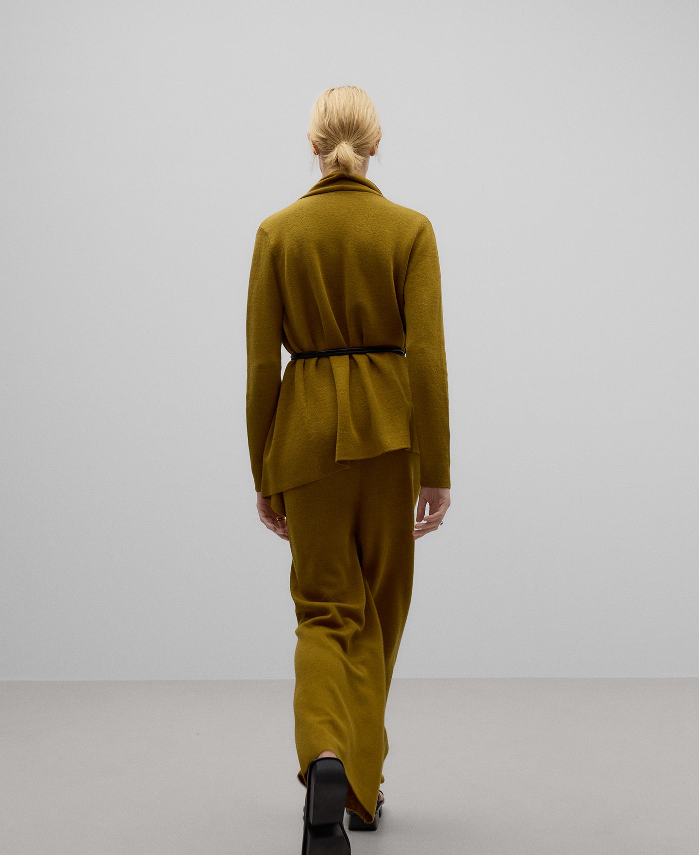 Knit asymmetrical jacket woman in olive green
