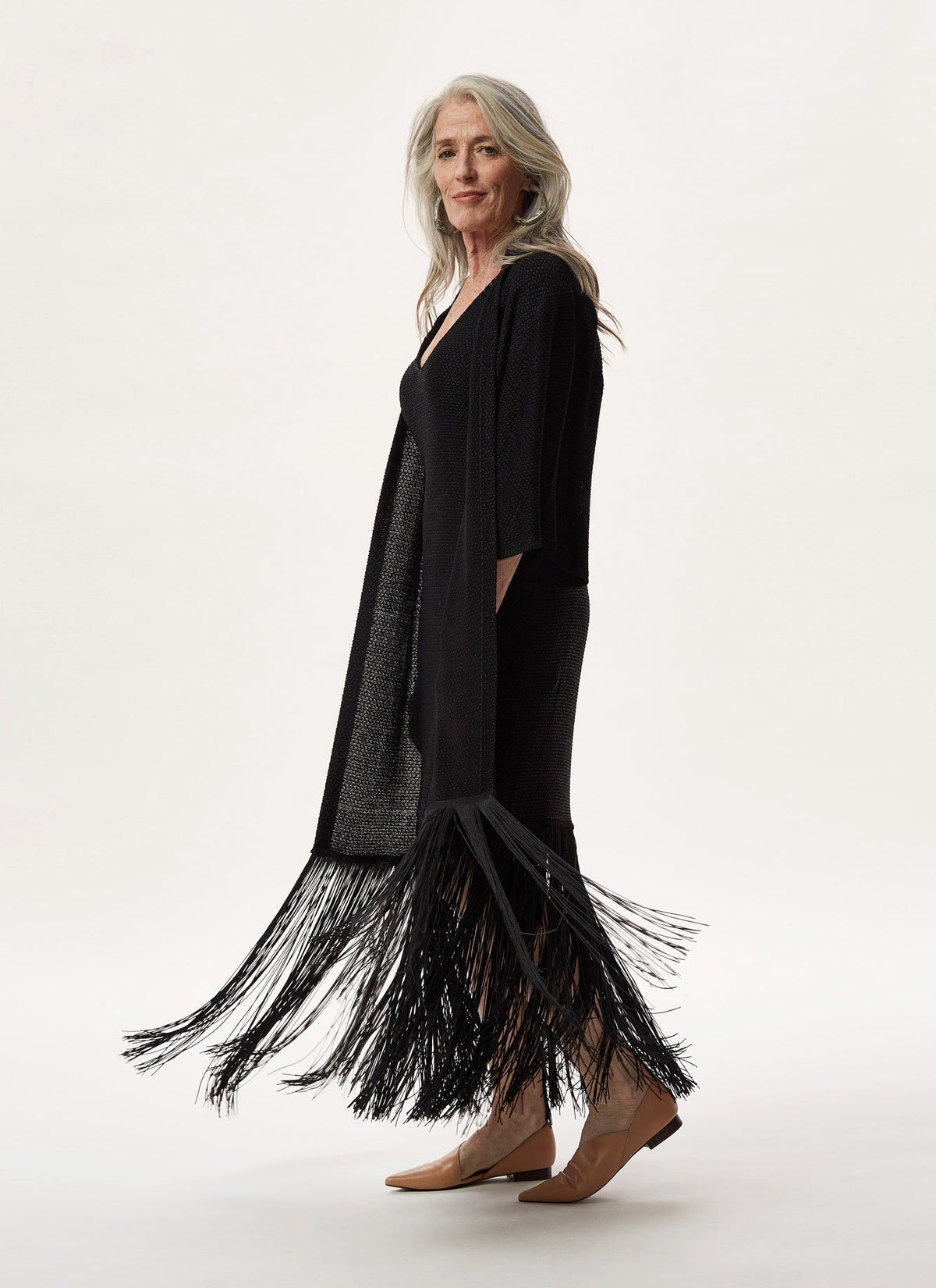 Black Knit Jacket With Tassel Hem