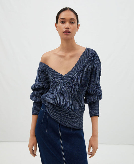 Indigo Blue/White V-Neck Knitted Sweater