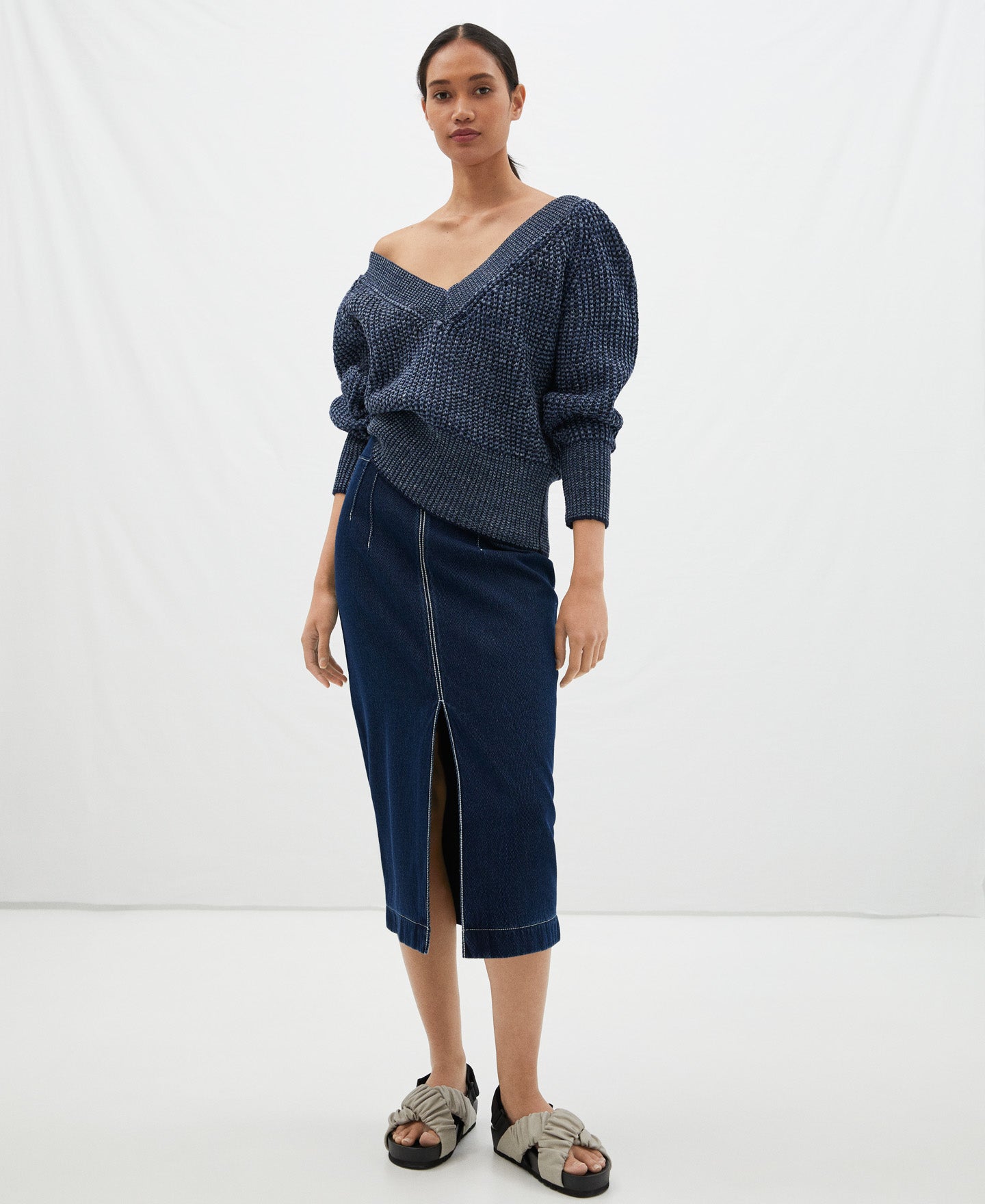Indigo Blue/White V-Neck Knitted Sweater