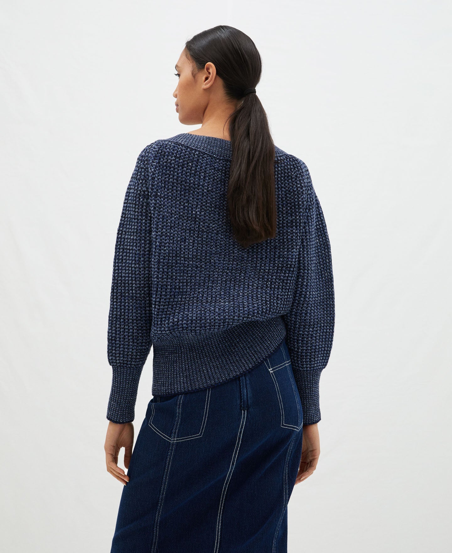 Indigo Blue/White V-Neck Knitted Sweater