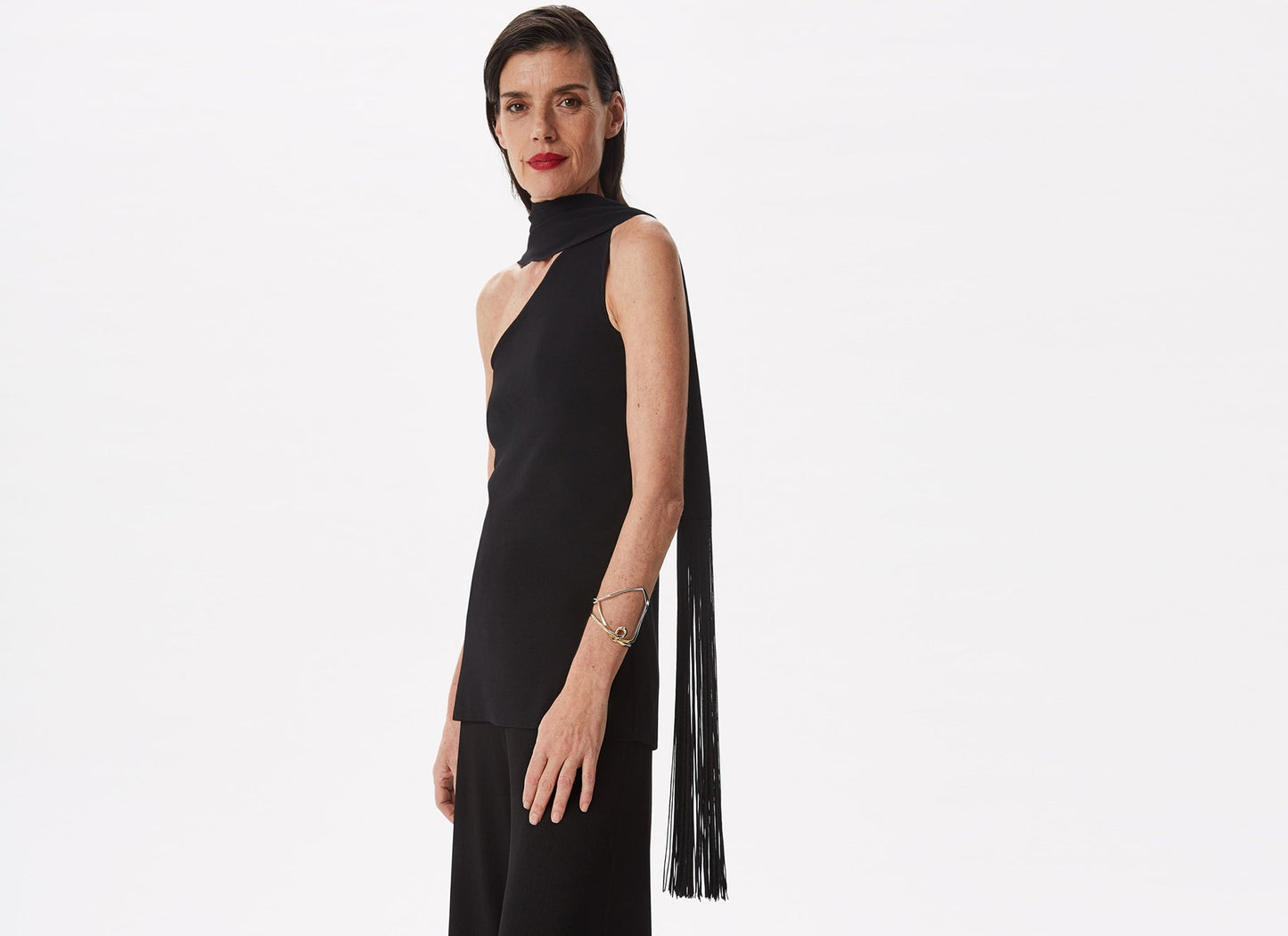 Black Asymmetric Top With Frayed Scarf