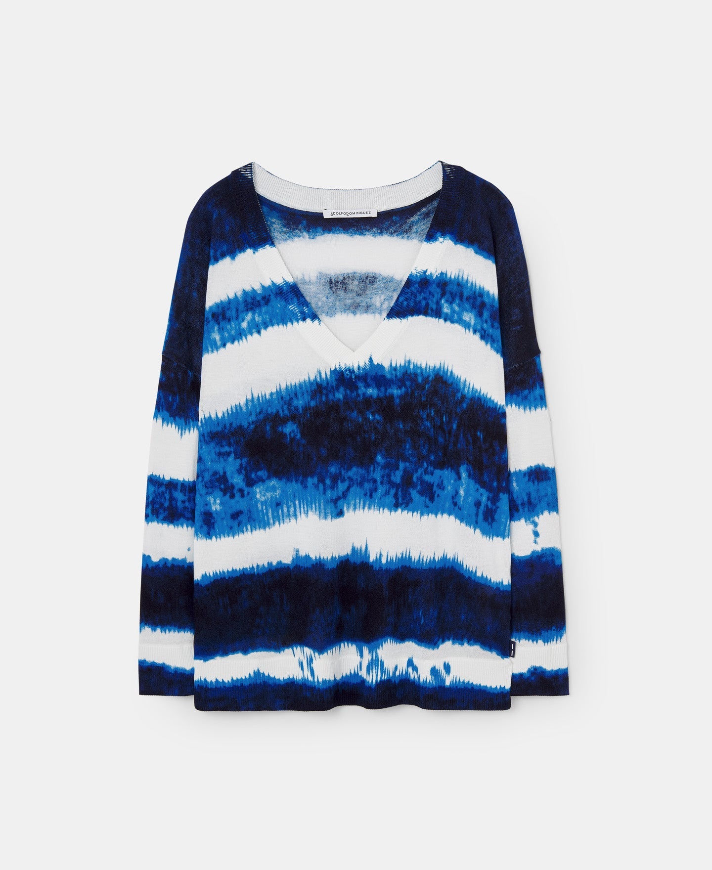 White/Blue Stripe V-Neck Viscose Printed Sweater