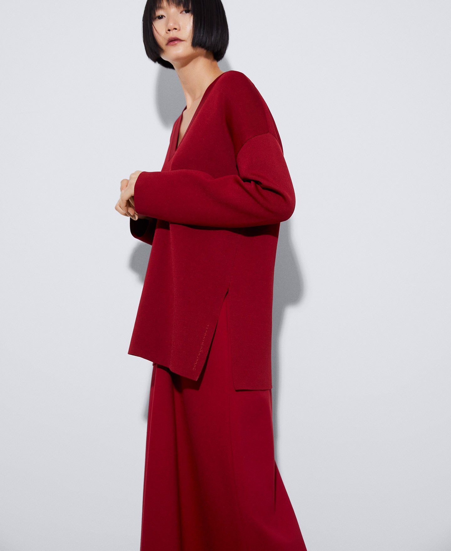 Red Recycled Nylon V-Neck Sweater