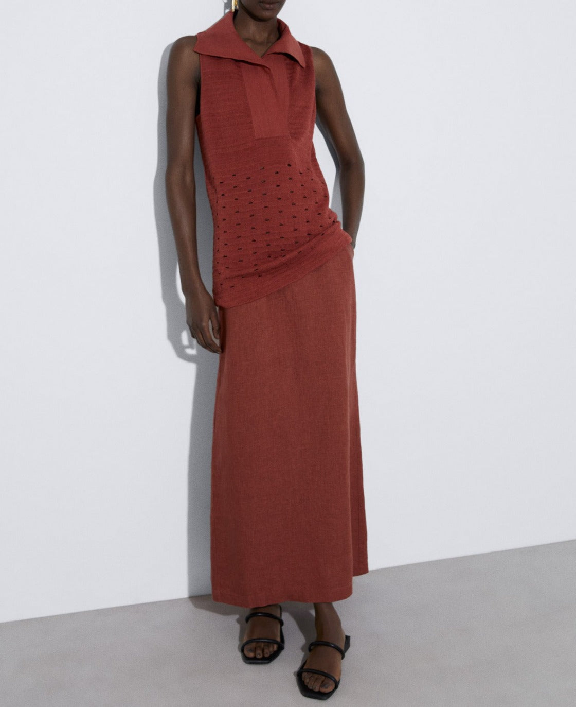 Brick Red Linen Knitted Openwork Top