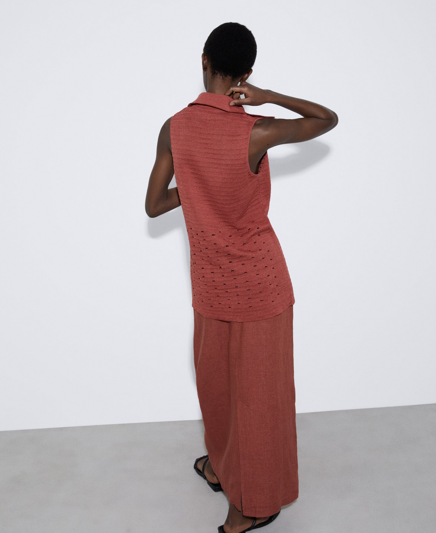 Brick Red Linen Knitted Openwork Top