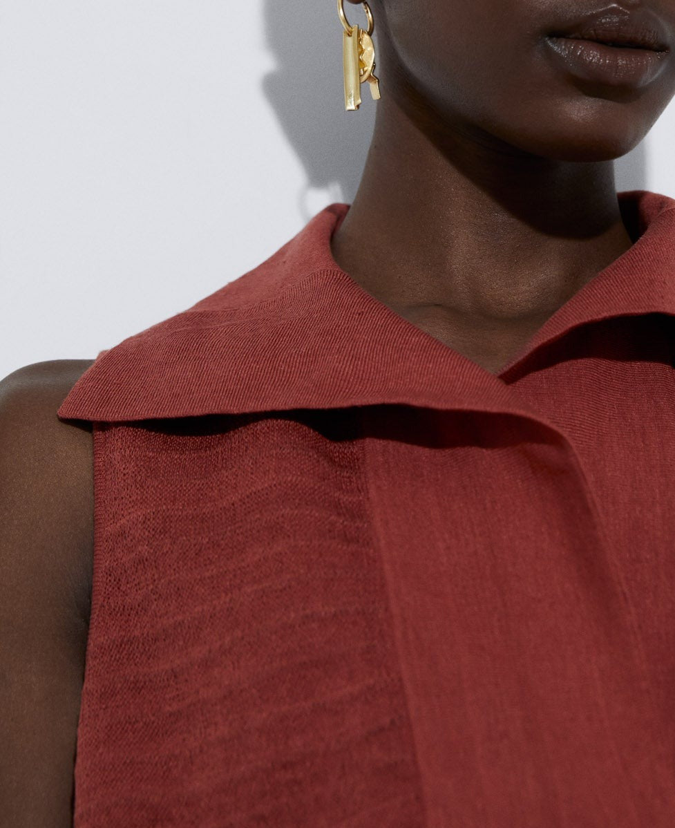 Brick Red Linen Knitted Openwork Top