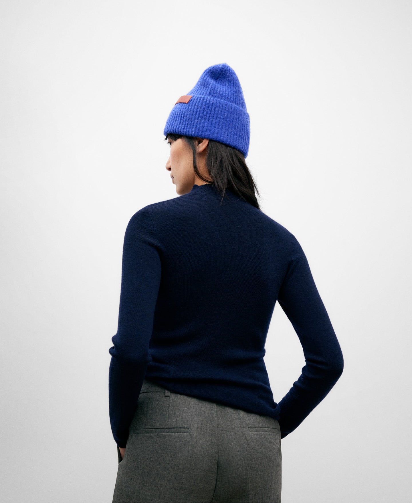 Navy Blue Merino Wool Ribbed Sweater For Women