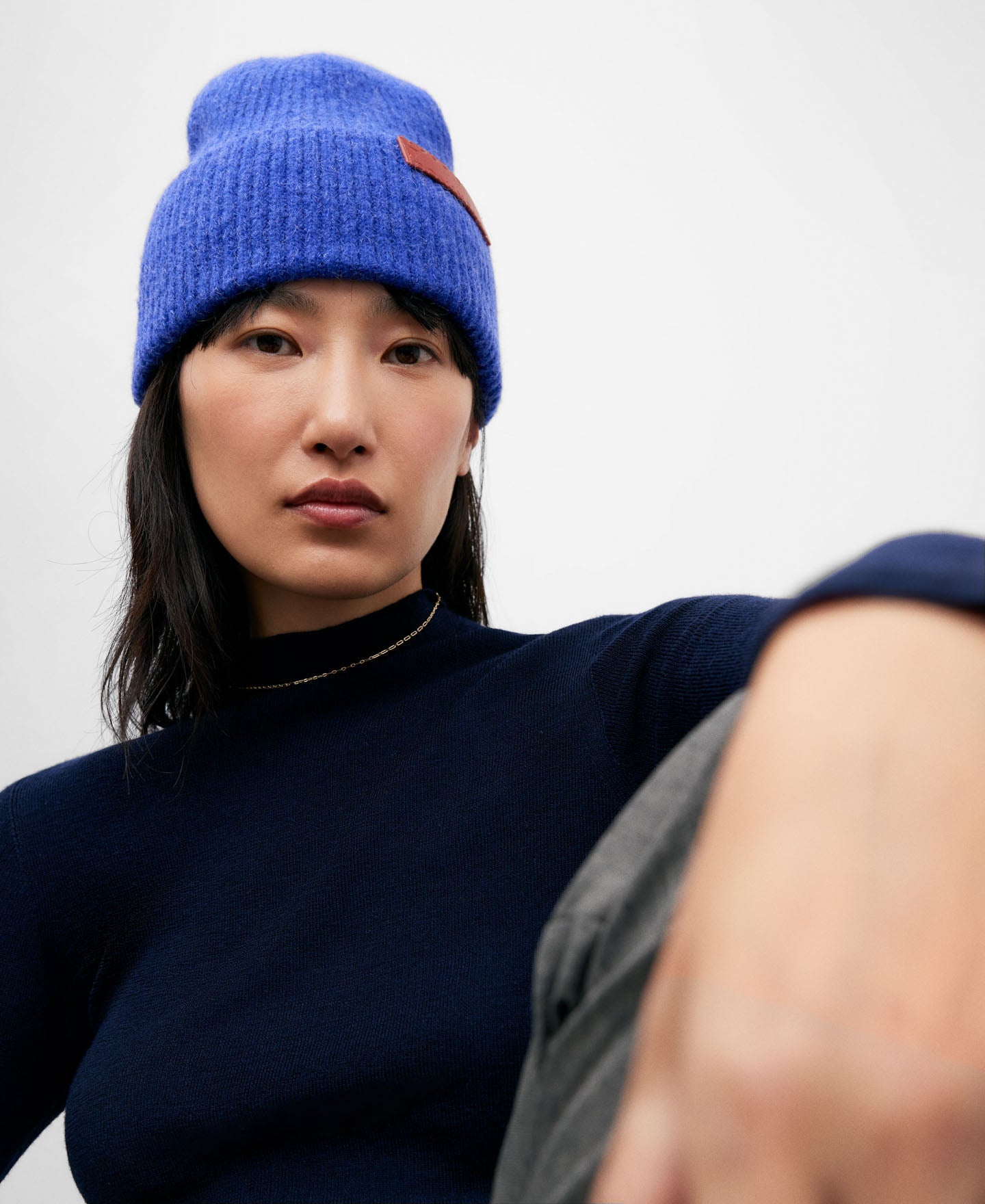 Navy Blue Merino Wool Ribbed Sweater For Women