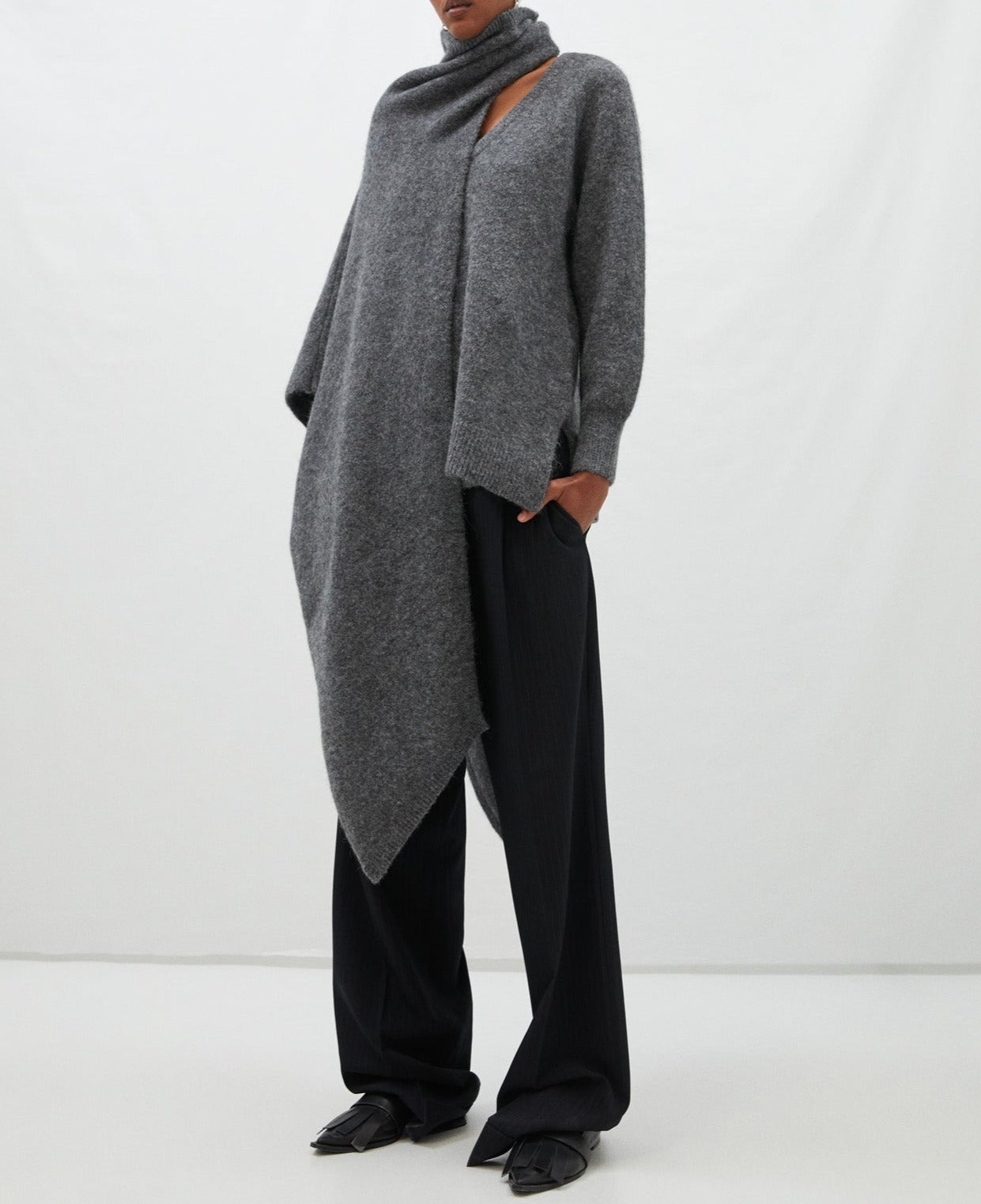 Grey Double Neckline Wool And Alpaca Sweater