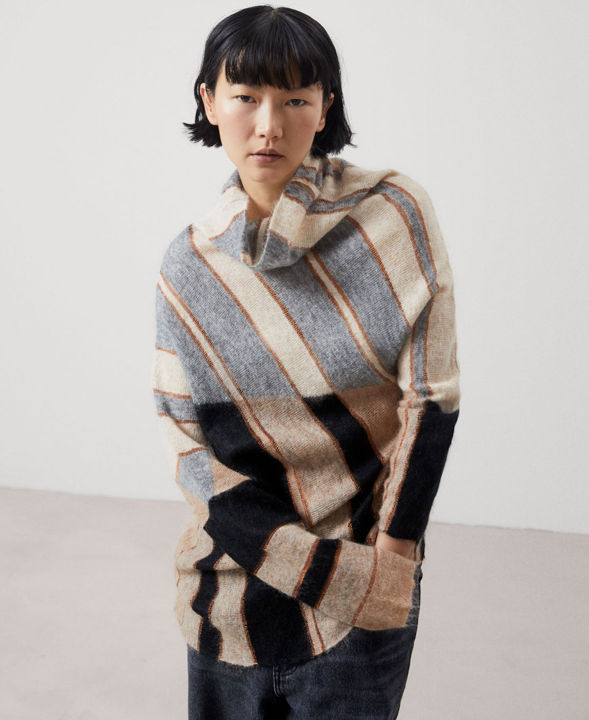 Black Stripe Mohair Fabric Intarsia Sweater