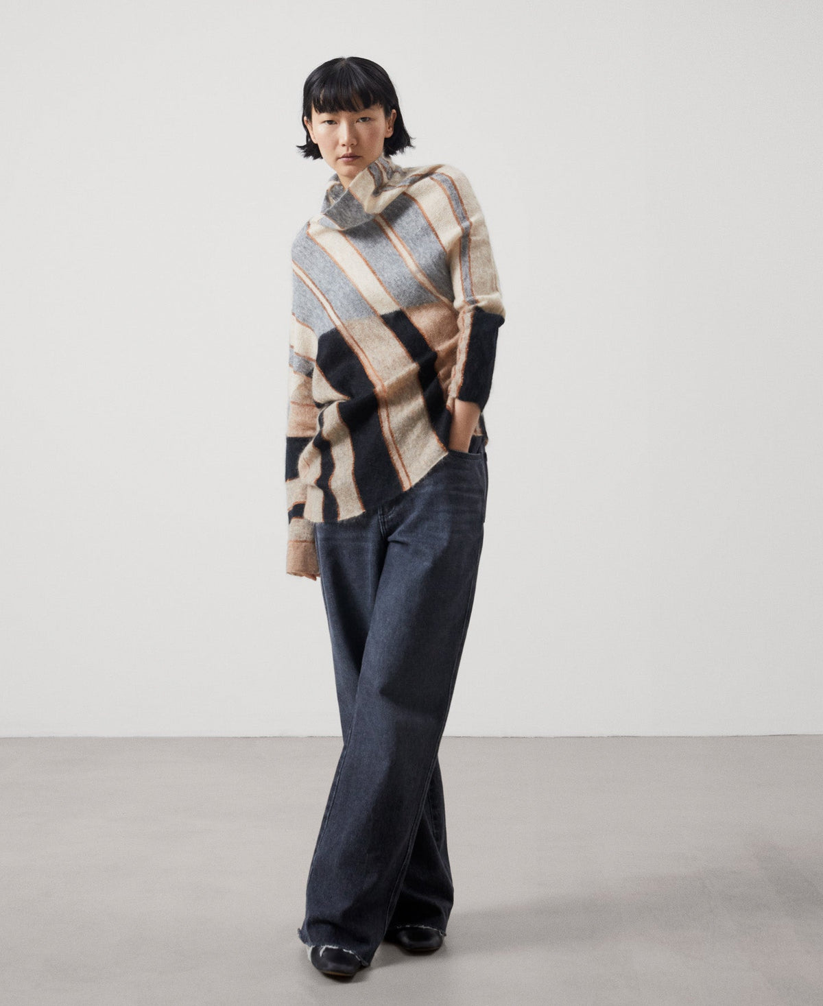 Black Stripe Mohair Fabric Intarsia Sweater