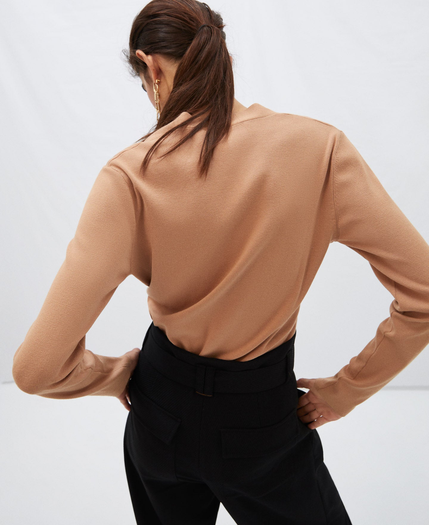 Camel V-Neck Pullover With Slits