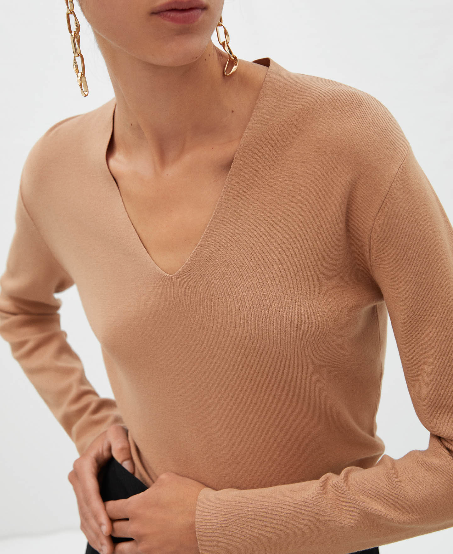 Camel V-Neck Pullover With Slits