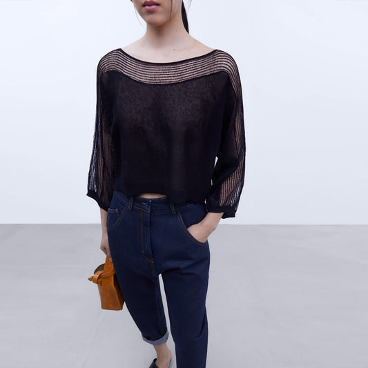 Black Lace Knit Short Sweater