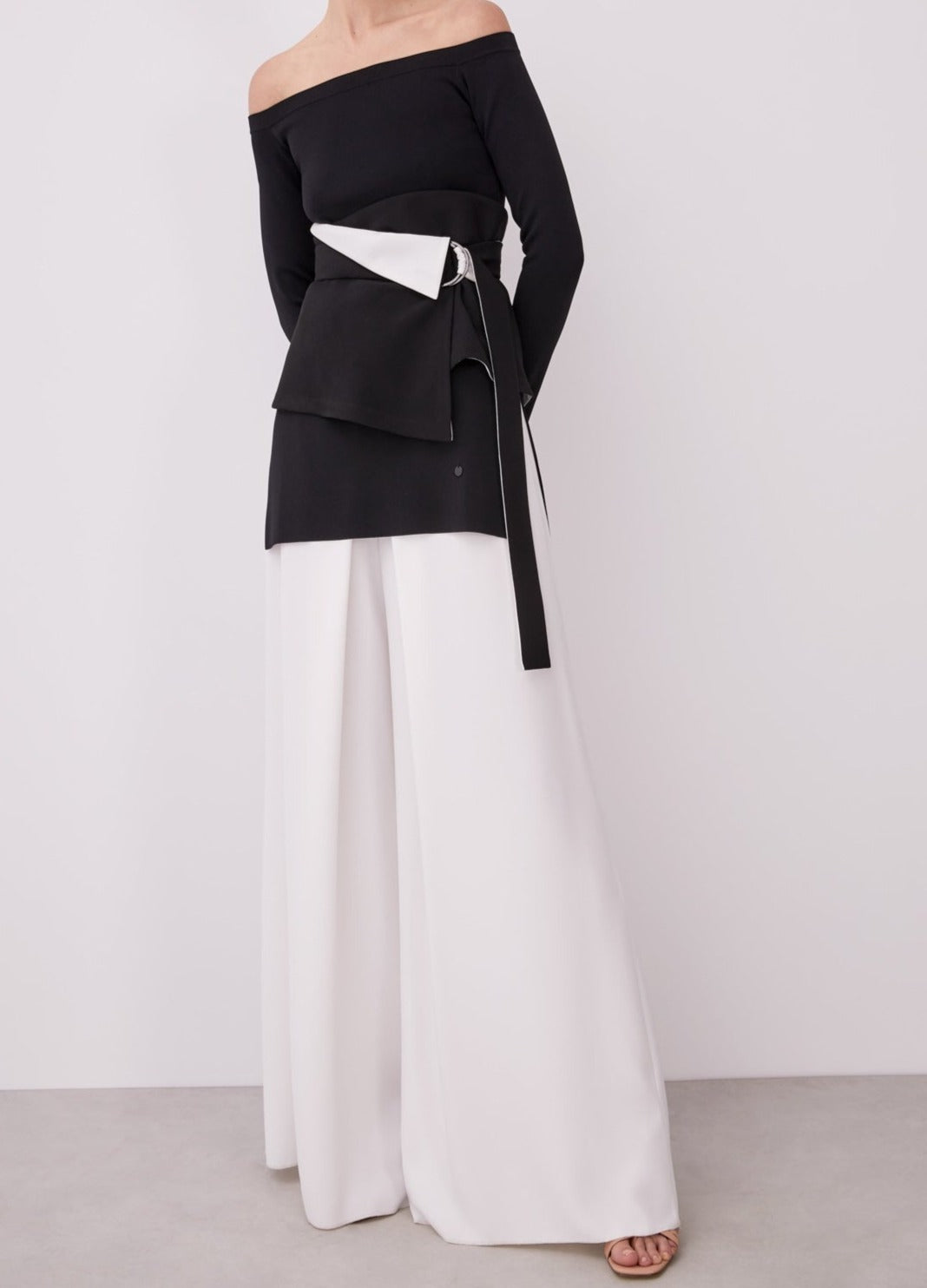 Black/White Bicolour Sash Belt With Half Moon Buckle