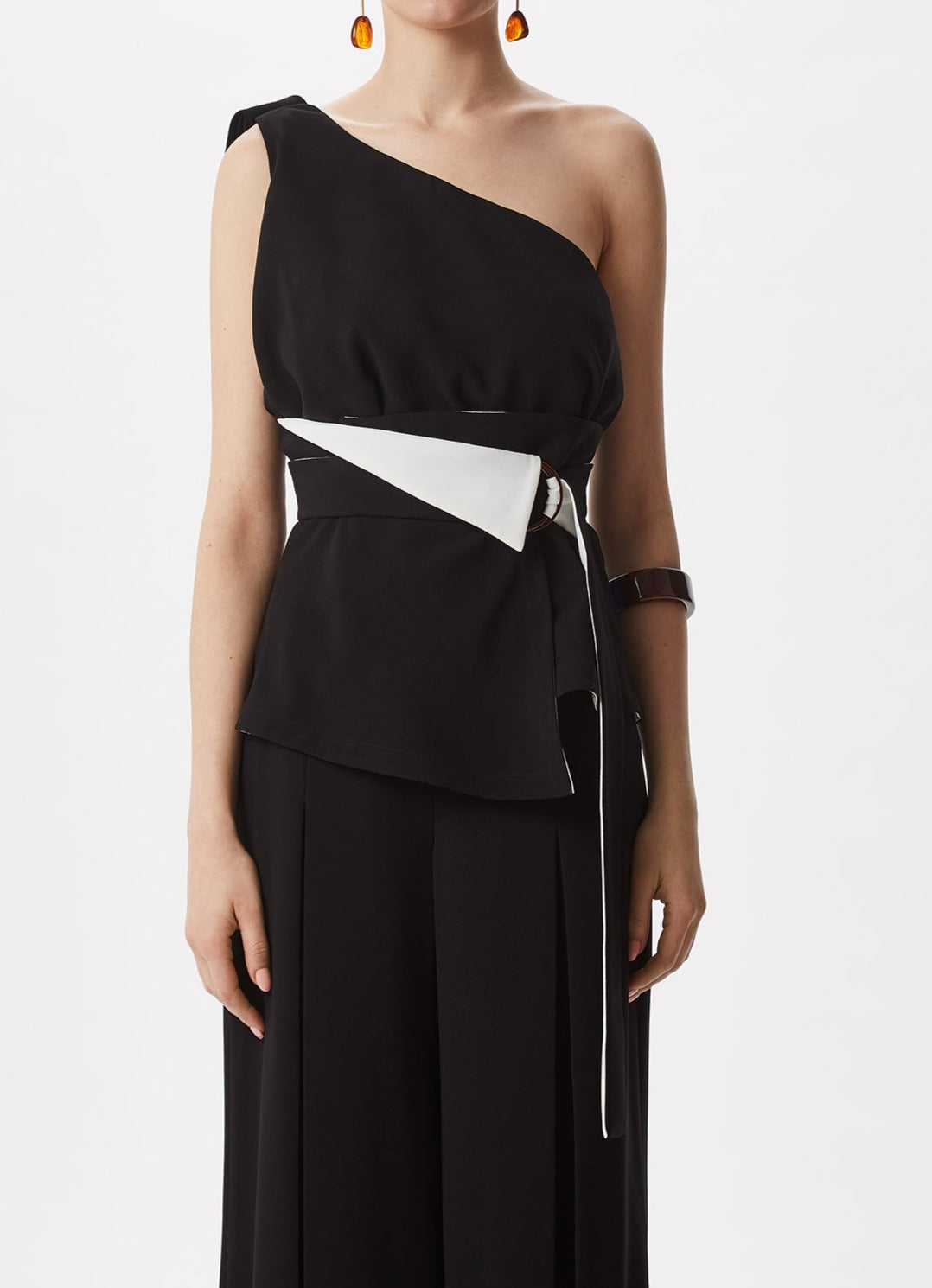 Black/White Bicolour Sash Belt With Half Moon Buckle