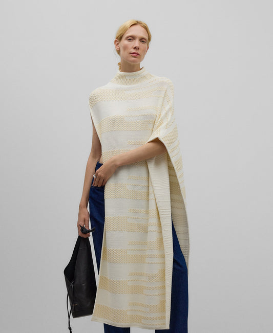 Asymmetrical jacquard cape woman in camel/ecru