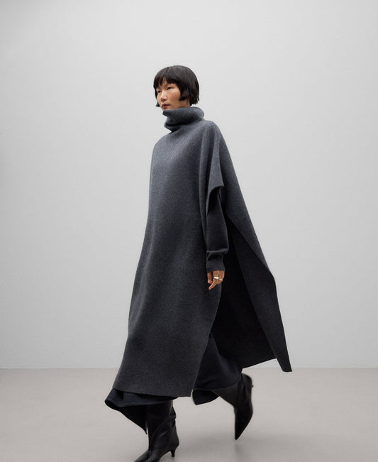 Grey asymmetrical wool cape woman in grey melange