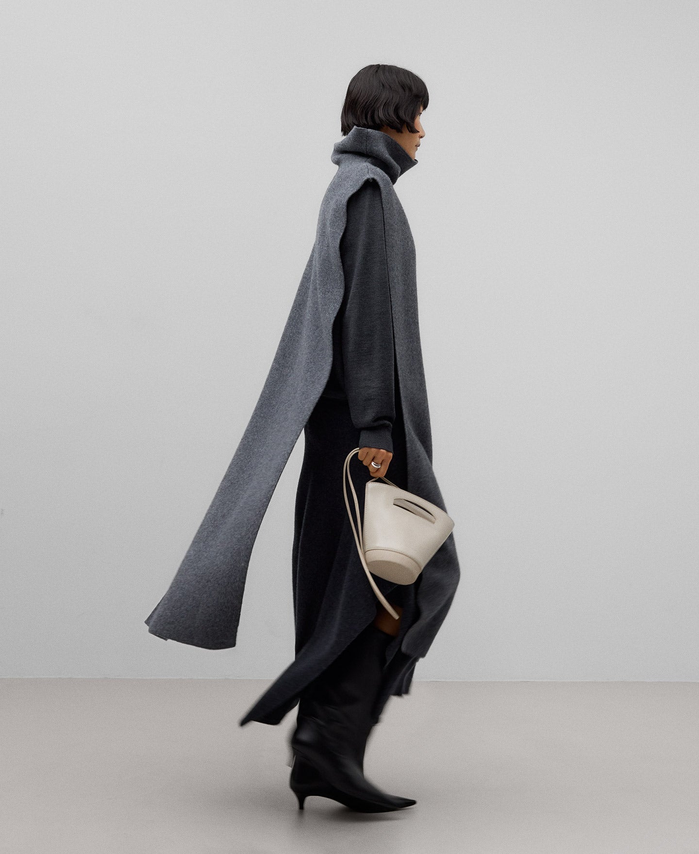 Grey asymmetrical wool cape woman in grey melange