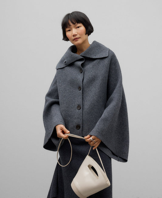 Short melange grey wool cape woman in grey melange