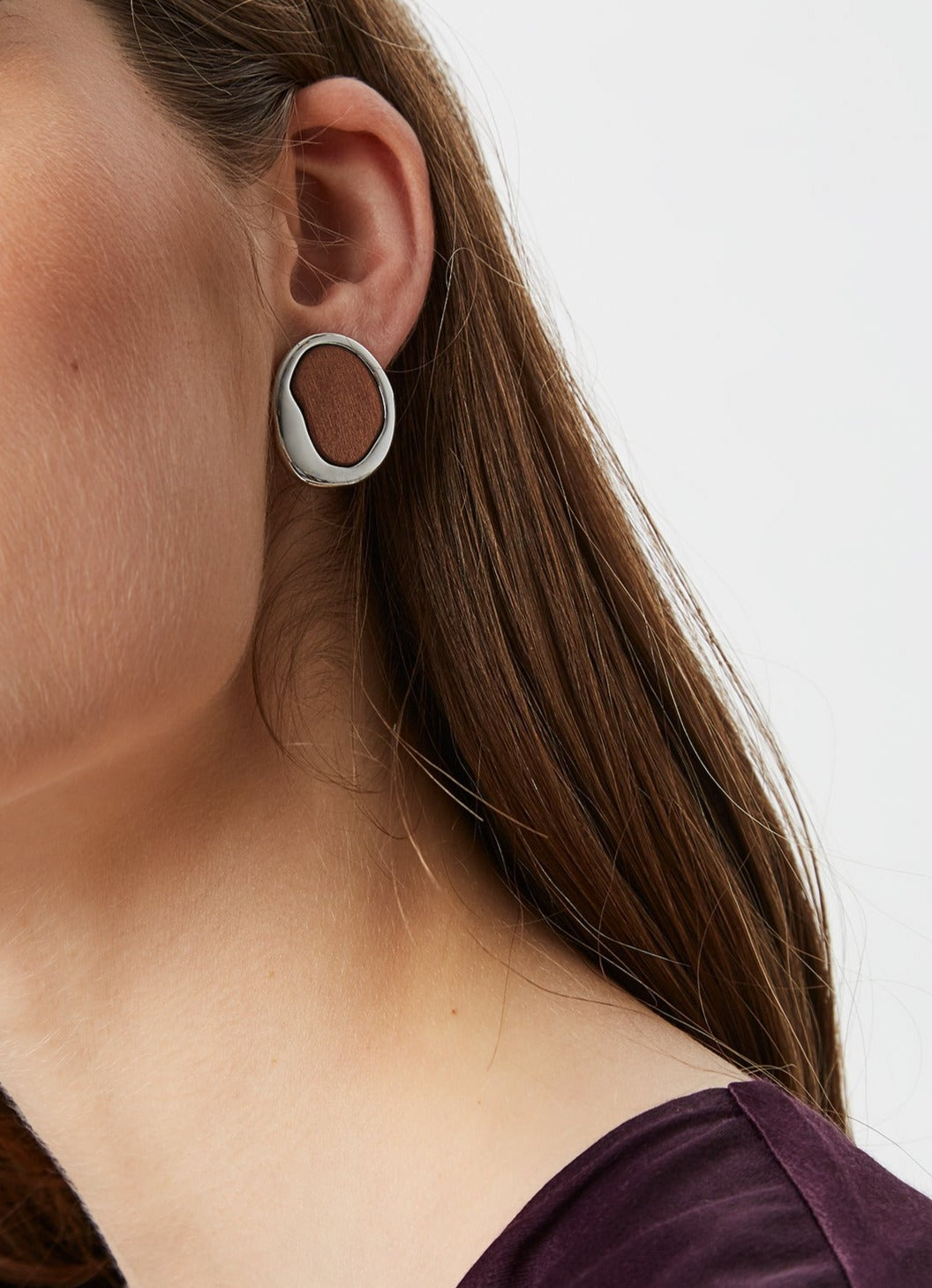 Silver Short Earrings With Wooden Shape