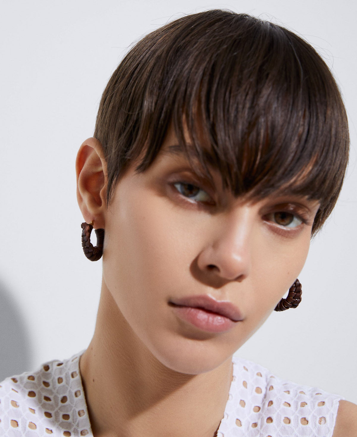 Brown Braided Leather Hoop Earring