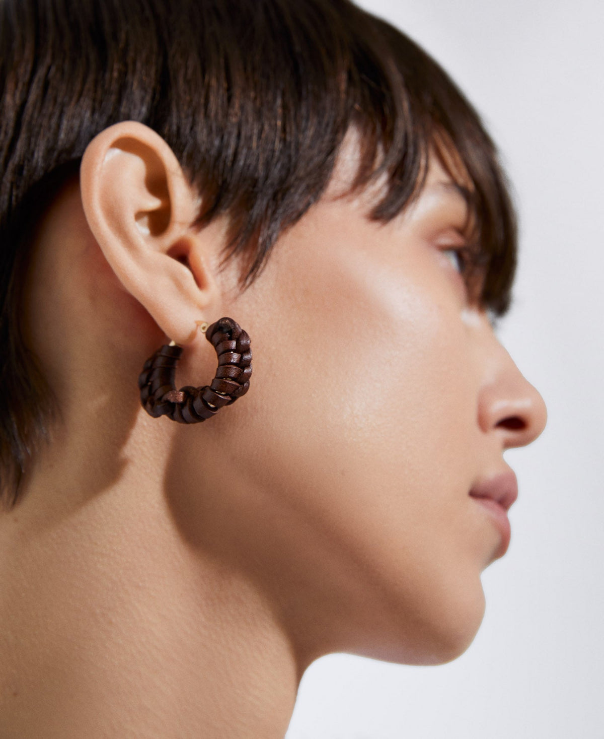 Brown Braided Leather Hoop Earring