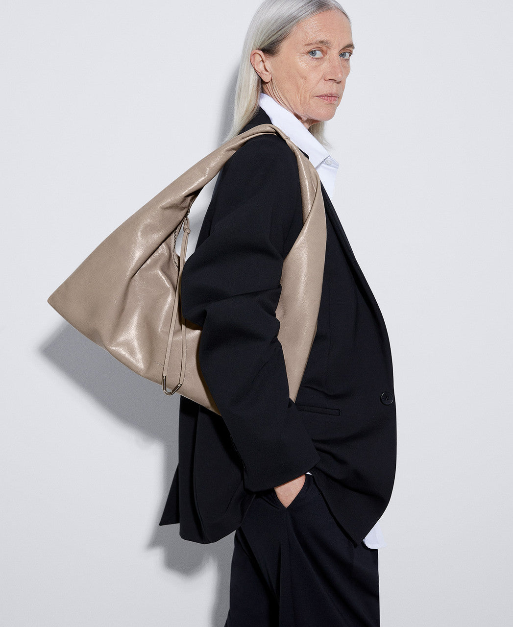 Taupe Semi-Gloss Leather Hobo Bag