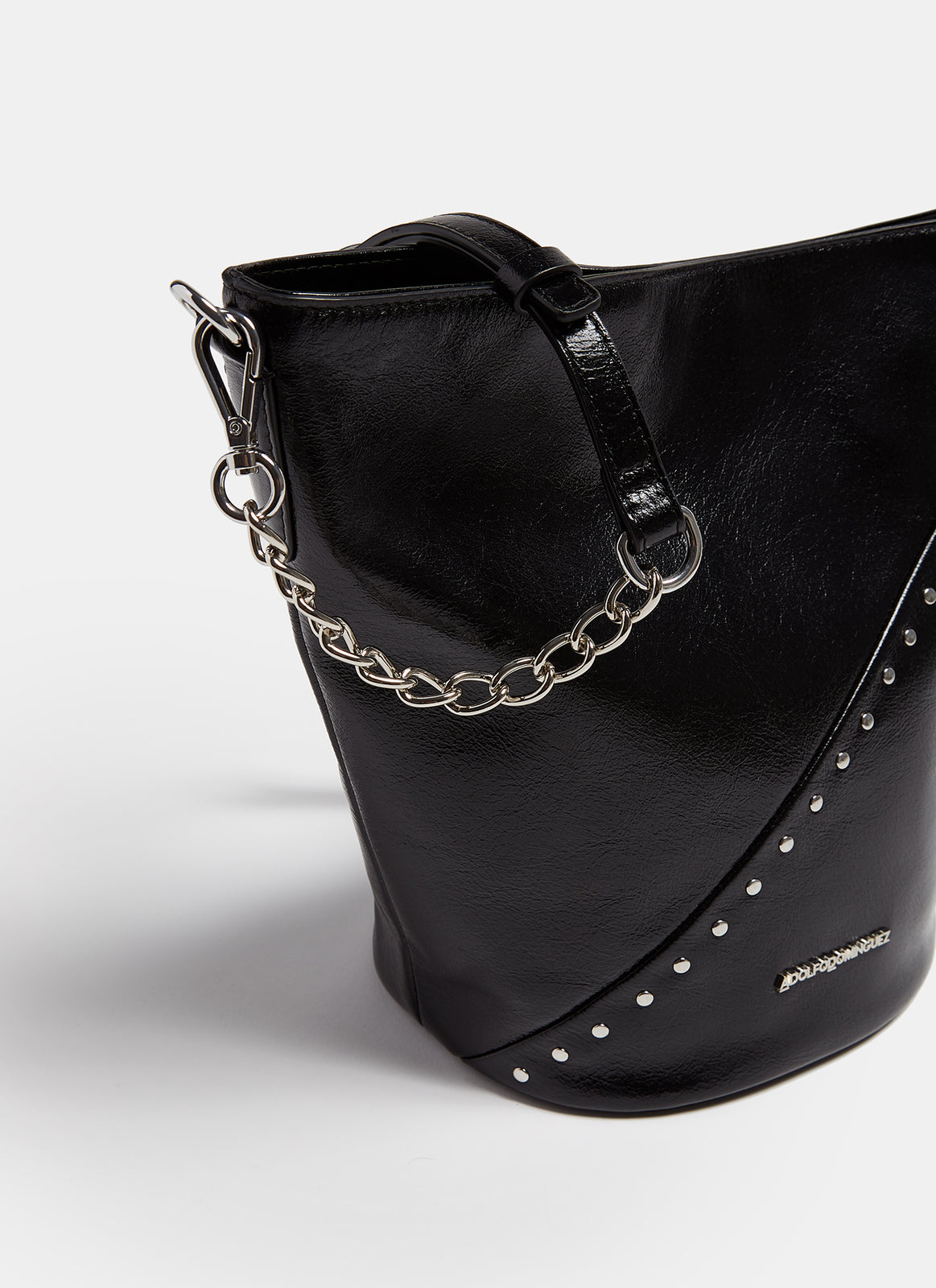 Black Crackled Leather Tote With Metal Studs
