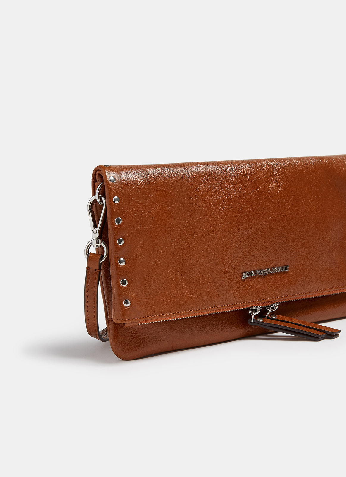 Buff Colour Leather Baguette Clutch With Studs