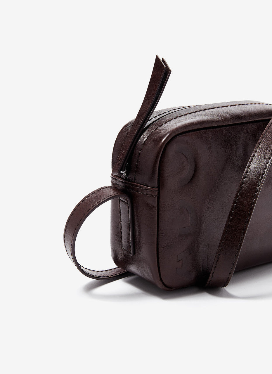 Brown Crackled Glossy Leather Crossbody Bag