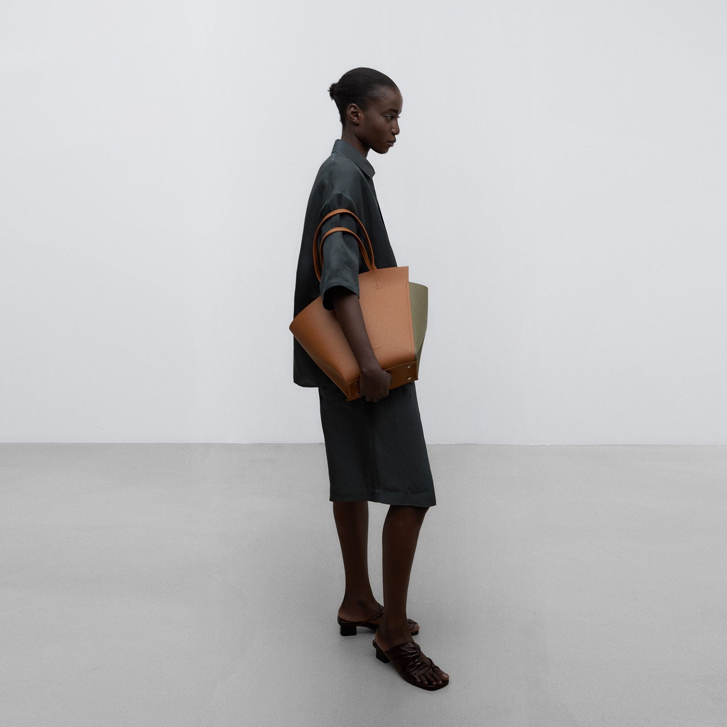 Buff Colour Asymmetric Leather Shopper Bag